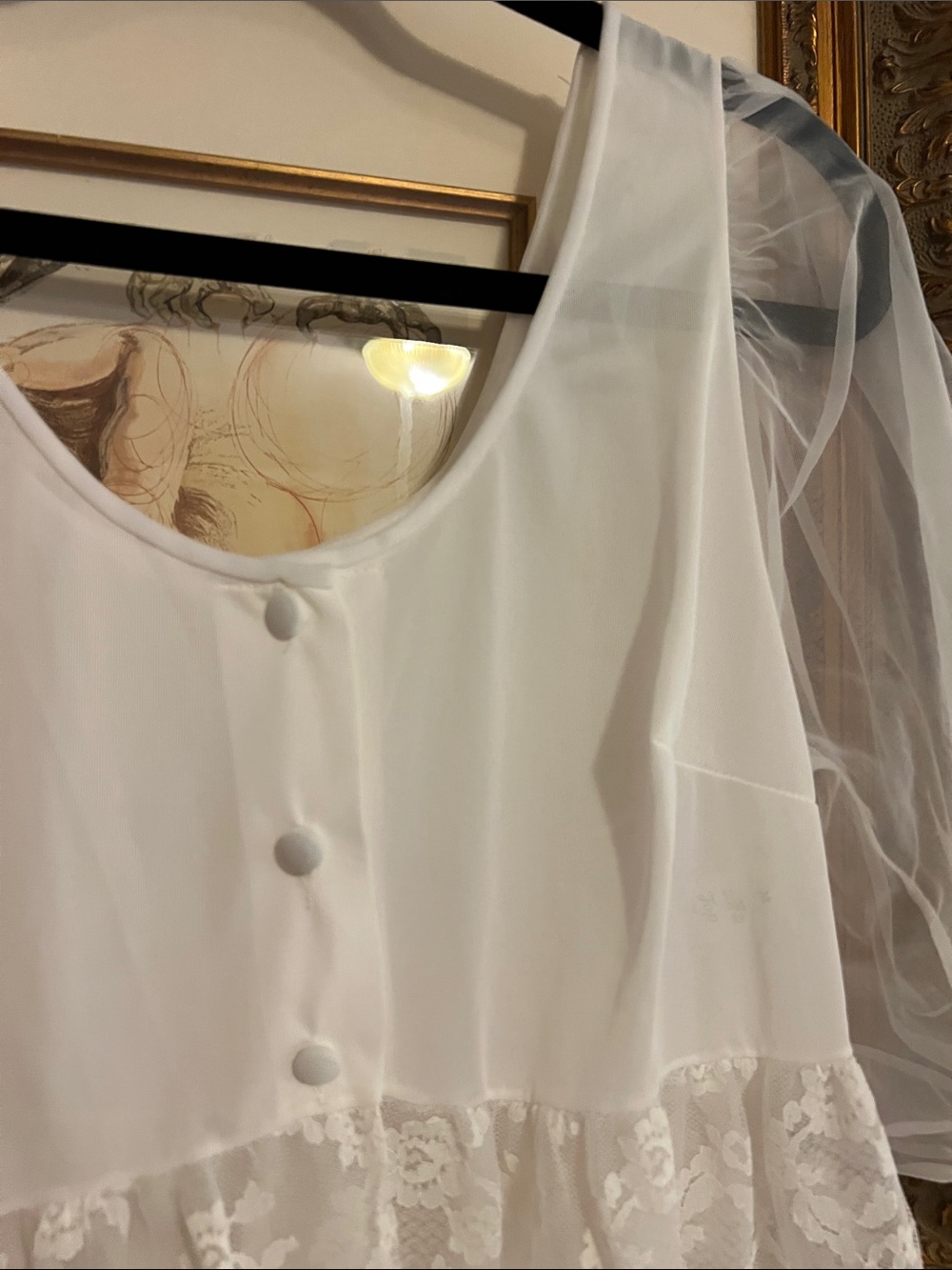 Vintage White Lace Babydoll Nightgown - Sheer Puff Sleeve Sleep Dress - Picture 3 of 4